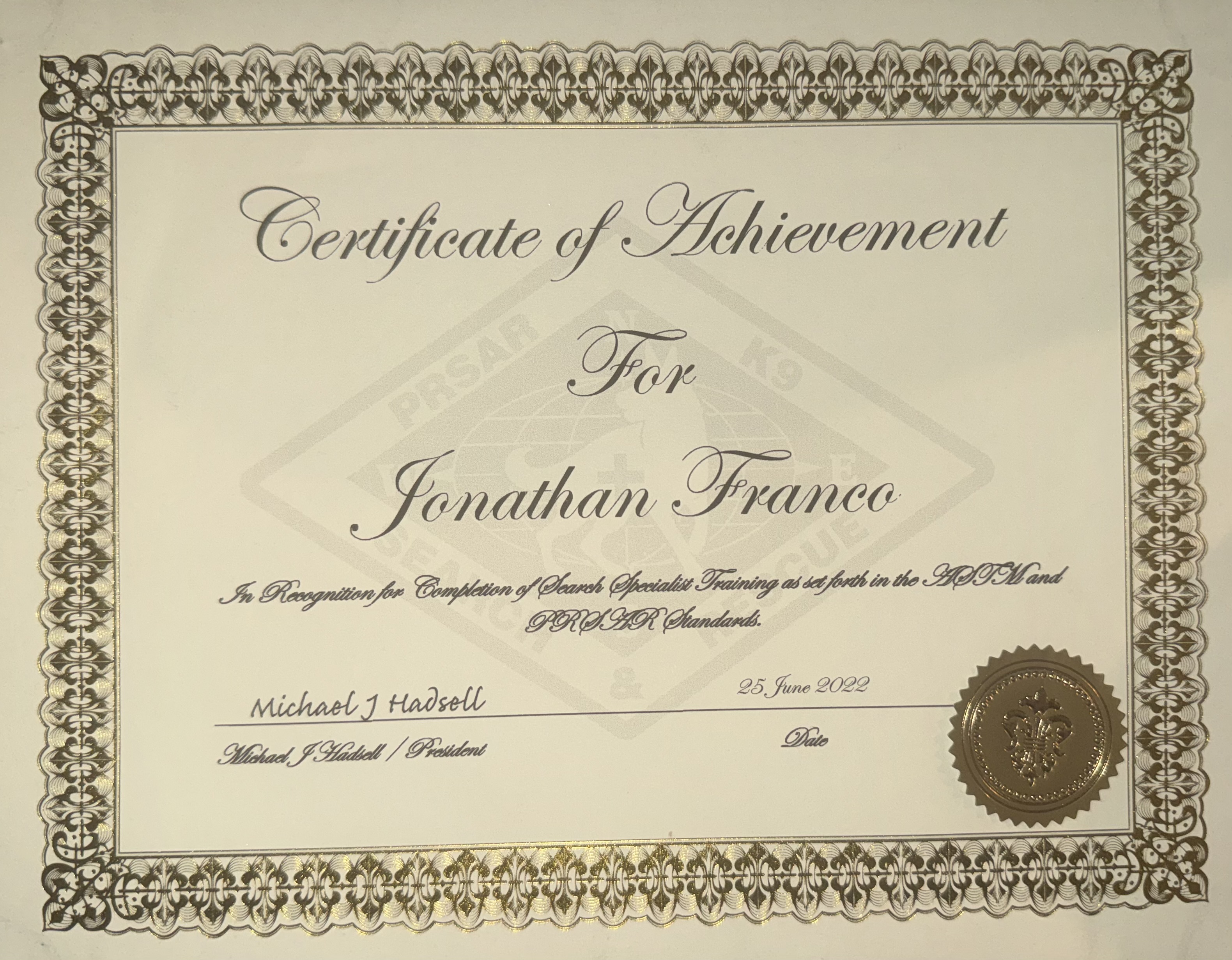 Search and Rescue Certificate of Achievement — Jonathan Franco