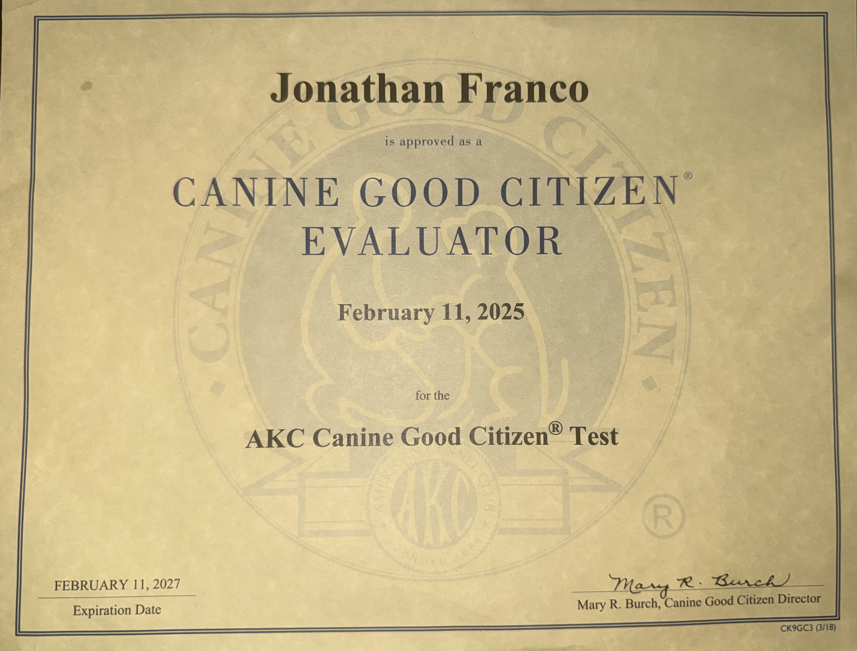 AKC CGC Evaluator Certificate — Jonathan Franco